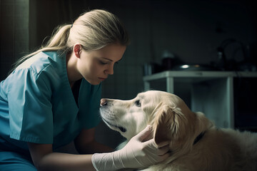 Professional and compassionate veterinary care provided by a female veterinarian in a vet uniform for a golden retriever during a thorough medical exam at an animal healthcare clinic