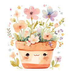 Kawaii flowers in flowerpot, watercolor illustration - 755809474