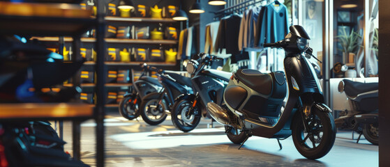 Modern scooters showcased in a stylish showroom.