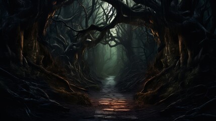 Dark forest path with twisted trees and eerie lantern light