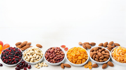Obraz na płótnie Canvas Assorted Nuts and Dried Fruits on White Background – A Nutritional Feast for Healthy Snacking, Close-Up Studio View