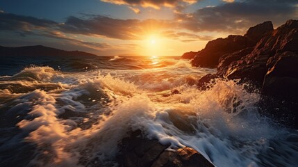 Dramatic coastal scene with waves crashing and the sun's last rays