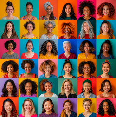 Composite portrait, of head shots of different smiling women of all genders and ages, different backgrounds including all ethnic, racial and geographic types of women in the world, on a colorful flat  - obrazy, fototapety, plakaty
