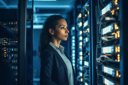 Professional woman examines servers in a data center