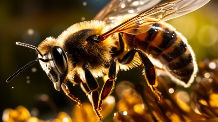 Extreme hyperzoom capturing the detail of a bee in flight - obrazy, fototapety, plakaty