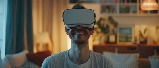 Joyful man experiencing virtual reality with a VR headset in a cozy living room.