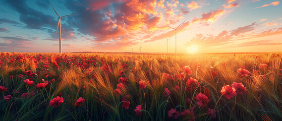 Wind turbines generate electricity. 
Wind farm field and sunset sky. Wind power. Sustainable, renewable energy. 