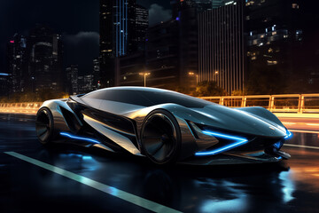 Futuristic sports car speeding through bridge at night. Generative AI