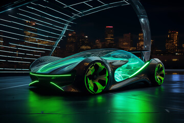 Futuristic sports car with green lights in motion over night city. Generative AI