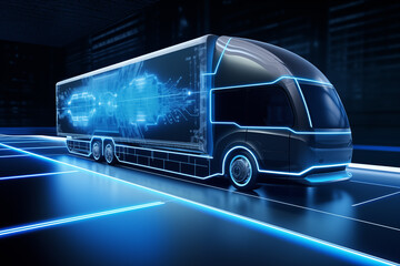 Digital visualization of modern futuristic lorry truck on dark. Generative AI