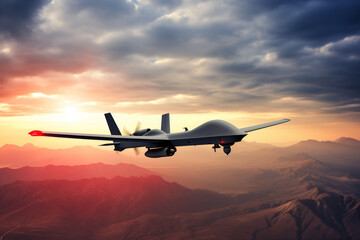 Military drone flying over mountain valley in sky. Generative AI - Powered by Adobe