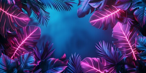 Tropical leaves, colorful glowing neon summer background.