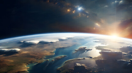 Fototapeta premium Earth's Grandeur: A Breathtaking Perspective from Space, Showcasing Diverse Terrains and Natural Wonders. Banner style.