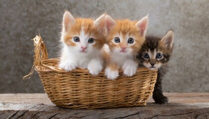 cute kittens in a wicker basket  - obrazy, fototapety, plakaty