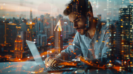 A multitasking businessman is working in his office on his laptop. He is using a touchpad while reading an email on his laptop, with a translucent city in the background - obrazy, fototapety, plakaty
