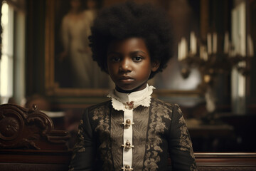 Black skin noble boy child wearing traditional aristocratic clothing. Generative AI - obrazy, fototapety, plakaty