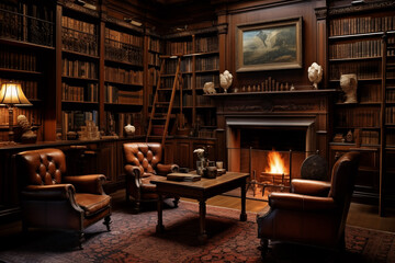 Vintage library room with leather armchairs. Generative AI