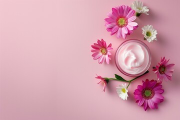Overhead view of a face cream jar and flowers on a pink background with copy space.