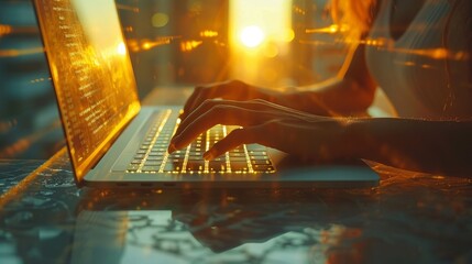 Remote Work Concept: Female Entrepreneur's Hands on Laptop Keyboard, Digital Tablet on Office Table