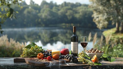 Elegant 3D cheese board setup with ripe fruits and fine wine on a rustic table by a tranquil lake - obrazy, fototapety, plakaty