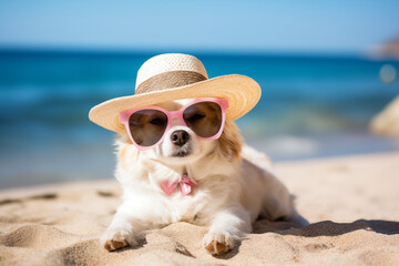 Cute relaxed dog in summer hat, sunglasses sunbathing on beach. Generative AI
