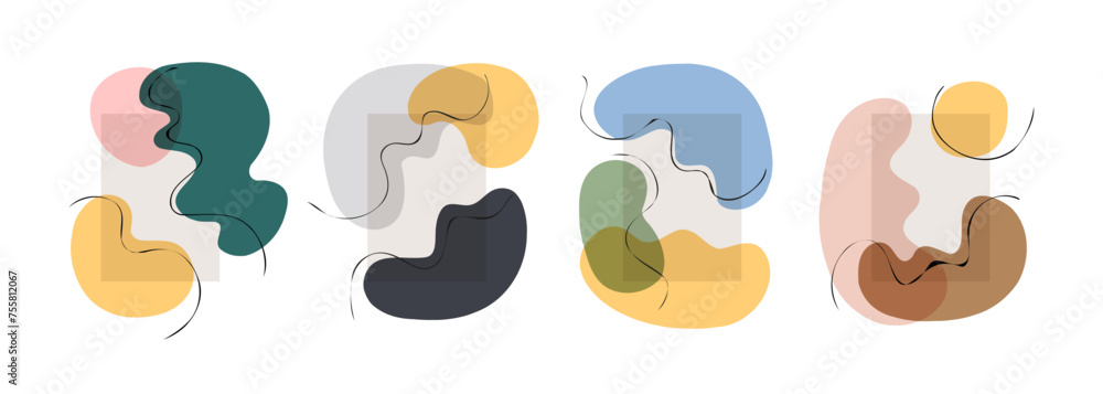 Poster set of color various abstract hand drawn shapes and black wavy lines for creative graphic design. ve