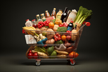 Shopping trolley cart full of vegetables, fruits and drinks. Generative AI