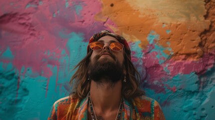 A man with long hair and a beard is wearing sunglasses and a colorful shirt