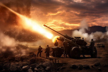 Artillery men shooting with lightweight howitzer or cannon. Generative AI - obrazy, fototapety, plakaty