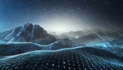  Abstract digital landscape with particles dots and stars on horizon. Wireframe landscape...