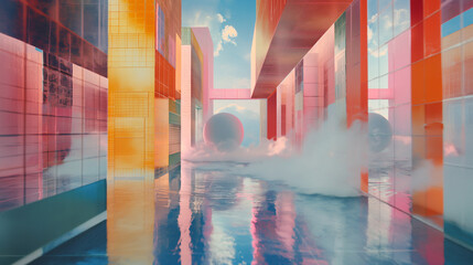 abstract backgrounAn abstract, digital art piece of an architectural scene with colorful columns and structures floating in the air,d