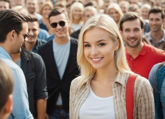 Cute young blonde woman standing in crowd of people