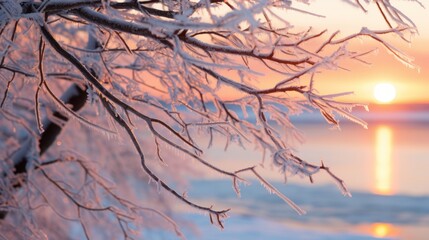 Icy branches against a winter sunset