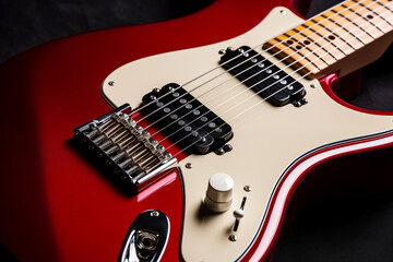 Electric guitar red color with strings close-up. Generative AI