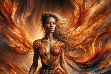 A woman models a vibrant, flame-themed dress with an abstract fiery backdrop.