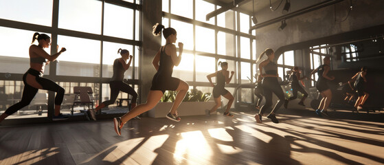Dynamic fitness class in action, harmoniously synchronized in a sunlit studio. - obrazy, fototapety, plakaty
