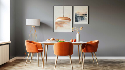 Peach chairs at dining table with food in apartment interior with lamp and poster on grey wall. Minimalistic, simple, bright colors.