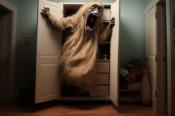 Terrible monster hiding inside wardrobe in children room. Generative AI