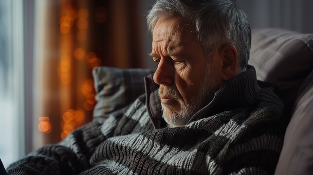 The sad lonely old grey-haired man sitting alone on the home sofa, looking down in bad thoughts, suffering from depression