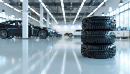 A stack of tires is displayed in the foreground on an empty white floor with cars parked behind it in a modern car workshop Generative AI