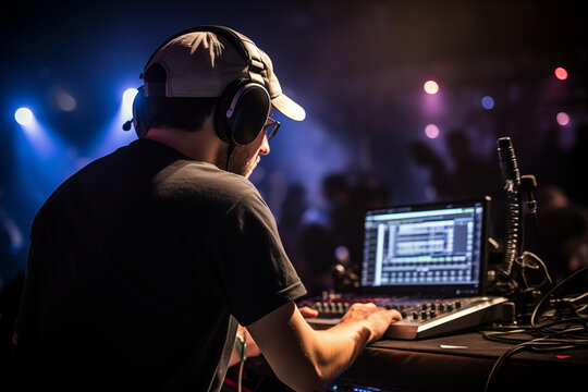 Studio audio engineer adjusting levels on a mixing board in the control room. Generative AI