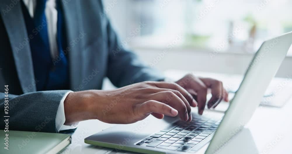 Poster business man, hands and typing on laptop with internet for schedule planning, keyboard or project at