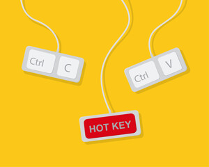 Hotkey. Keyboard shortcuts. Shortcut key. Hotkey combination. Ctrl C, Ctrl V, Ctrl S, copy paste.Computer keyboard and wires. Vector illustration.	