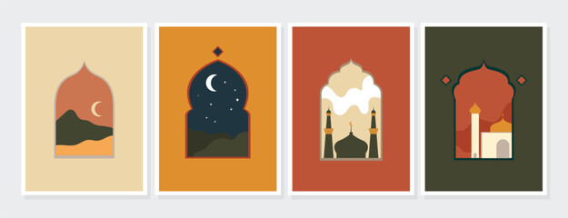 Islamic vector illustration design set, decorative arabic frames and mosque background outdoor views, Ramadan Kareem. Eid Mubarak. Vector illustration of Islamic Muslim city, mosque, crescent, window.
