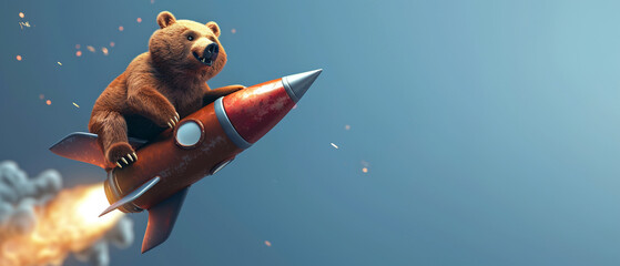 3D cartoon of a bear riding a rocket