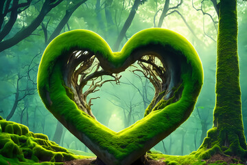 Baum aus Moos, geformt wie ein Herz in einem mystischen Wald
