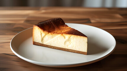 Gourmet slice of basque burnt cheesecake on white plate