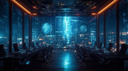 High-tech boardroom, discussing strategies with holographic data projections.