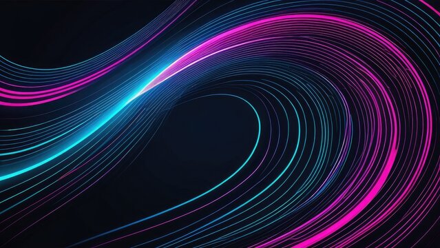 Glowing lines curving gracefully to form an abstract, futuristic tech background, a color palette ranging from neon pinks to electric blues, minimalistic round shapes overlapping, a sense of movement