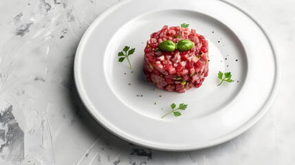 Fresh beef tartare with basil garnish on white plate